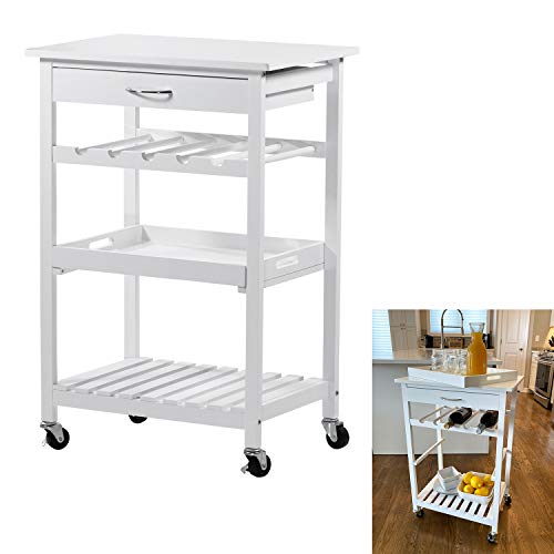 Rolling Wooden Pine Kitchen Storage Utility Cart on Wheels 4-Tier with Drawer, Removable Serving Tray, Open Shelf and 5-Bottle Wine Rack, White