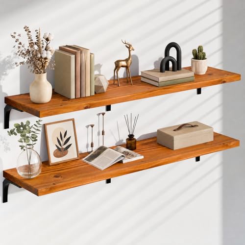Image of 12 Inch Deep Floating Shelves Set of 2, 60 Inch Extra Wide Solid Wood Wall Shelves, Heavy Duty Wall Mount Bookshelf with 100 lbs Capacity, Farmhouse Rustic Storage for Kitchen & Living Room