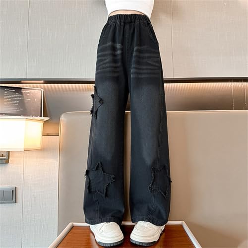 Teen Girls Star Embroidered Jeans Baggy High Elastic Waist Soft Denim Pants Barrel Trendy Ripped Preppy Trousers4