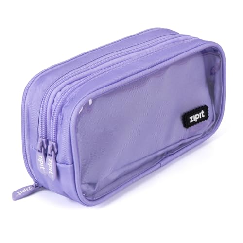 Image of ZIPIT Half & Half Pencil Case for Girls, 3 Compartment Zipper Pouch for School, Stationery Bag for Teen and Adults, Purple