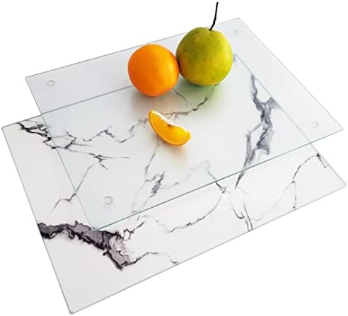 JAMBALAY 2 PCS Tempered Glass Cutting Board for Kitchen 12 x 16", Marble Pattern Cutting Board, Chopping Board with Rubber Feet, Heat Resistant, Shatter Resistant, Dishwasher Safe, White and Clear