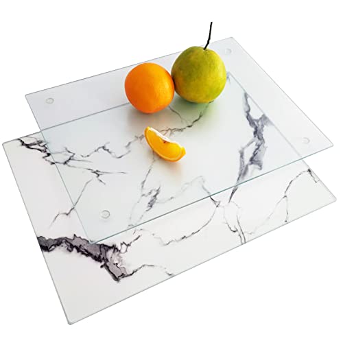 Jambalay 2 Pcs Tempered Glass Cutting Board For Kitchen 12 X 16", Marble Pattern Cutting Board, Chopping Board With Rubber Feet, Heat Resistant, Shatter Resistant, Dishwasher Safe, White And Clear #TOP2