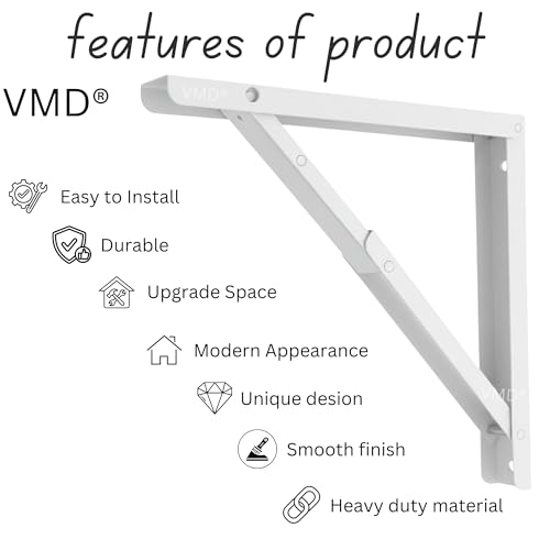 Image of VMD, Heavy Duty 12 inch (White) Foldable Shelf Bracket, DIY Folding Shelves, l Bracket, Wall Brackets, Wall Angle Bracket, Folding Table Bracket with Fittings for fold Down Steel Table (Pack of 2)