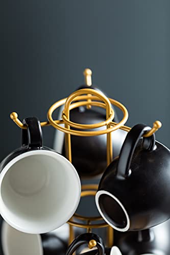 Yhosseun 3 Ounces Espresso Cups With Saucers Set, Porcelain Latte Cups And Metal Stand Demitasse Cups For Espresso, Latte, Cafe Mocha, Cappuccino And Tea, Set Of 6, Black #TOP3