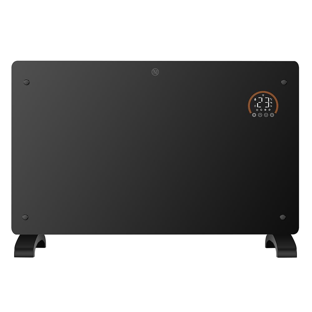 JSH WiFi Enabled Electric Glass Panel Heater 2000W | Smart App or Remote Control | Open Window Detection | Wall Mounted & Free Standing Low Energy Efficient Home Heating with 24H 7 Day Timer Black