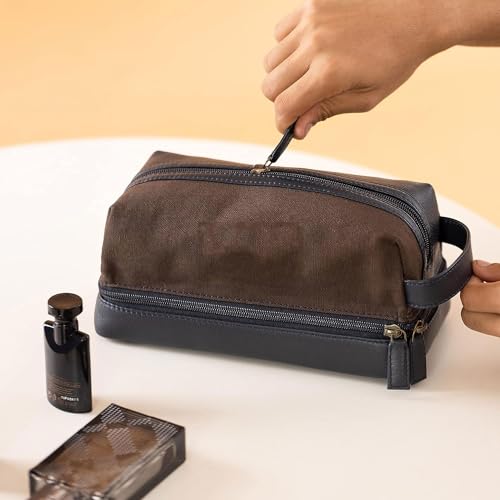 Image of Handcuffs Genuine Leather Canvas Toiletry Bag for Men, Shaving Kit Bag, Portable Travel Organizer, Pouch for Travelling - Navy Brown