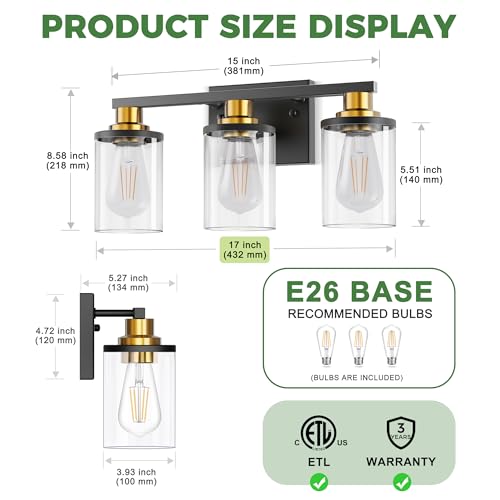 Image of DORESshop 17 Inch 3-Light Black and Gold Bathroom Vanity Light with Bulbs