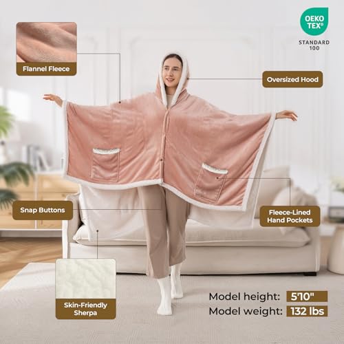Kozyus Wearable Heated Throw Blanket, Heated Shawl Electric Wrap Poncho with Hood & Pockets for Women & Men, 5 Heat Settings, 3H Auto-Off, Machine Washable, ETL Certified, Gift-Ready, 56x63, Pink - Image 3