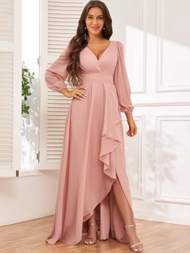 Chiffon Simple Long Sleeve Wedding Dresses for Bride V Neck Ruched Ruffle Bridal Gown with Slit4