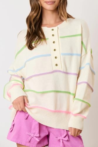 Casual and Cozy White Sweater with Vibrant Rainbow Stripes and Henley Neckline | (US 8-10) M4