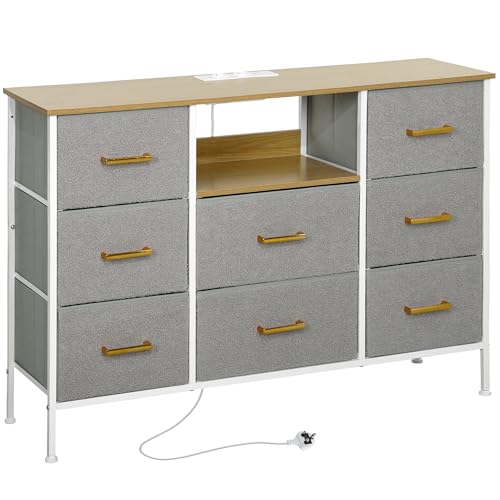 HOMCOM Cómoda con 8 Cajones Tapizado en Borreguito Cajonera de Tela con Estación de Carga Puerto USB Tipo C y Estructura de Acero Cómoda para Dormitorio Pasillo Gris