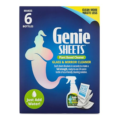 Genie Sheets Glass & Mirror Cleaner | Concentrate Makes 6 24oz Refills | Professional-Strength | Just Add Water | Sustainable Eco-Friendly Plant-Based Solution | 6 Sheets