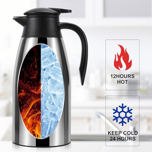 70 oz Thermal Coffee Carafe for keeping hot, Updated Carafe for hot liquid, Airpot Stainless Steel Thermos Urn Beverage Dispenser Vacuum Thermal Pot for Coffee, Hot Water,Keep Hot 12 Hour(silver) - Thumbnail 2