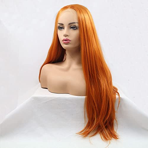 Xiweiya Ginger Orange Wigs Long Silky Straight 13x3 Lace Synthetic Wigs Auburn Copper Wig Middle Part Glueless Hair Heat Resistant Fiber Hair Styles for Women Halloween Cosplay 24" - Image 3