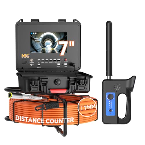 Cámara de Inspección de Tuberías con Pantalla IPS de 7", 1080P, Localizador 512Hz, Cable de Fibra de Vidrio de 20M, Grabación de Video/Audio, Batería 12V 4.5Ah