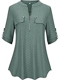 BDTECAOR Frühling Oberteile Damen Elegant 3/4 Ärmel Reißverschluss V-Ausschnitt Dressy Arbeit Bluse Business Kleidung Z-Grün-xg36 XL