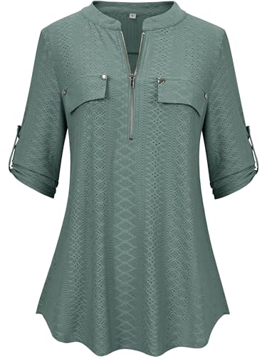 BDTECAOR Frühling Oberteile Damen Elegant 3/4 Ärmel Reißverschluss V-Ausschnitt Dressy Arbeit Bluse Business Kleidung Z-Grün-xg36 XL BDTECAOR Frühling Oberteile Damen Elegant 3/4 Ärmel Reißverschluss V-Ausschnitt Dressy Arbeit Bluse Business Kleidung Z-Grün-xg36 XL