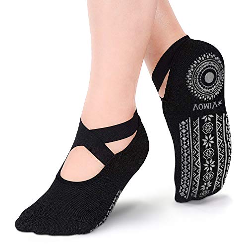 VIMOV 2 Pares Antideslizantes Calcetines para Mujer, Negros Antideslizantes Calcetines para Yoga, Fitness, Gimnasio, Pilates, Danza, Ballet, Barre