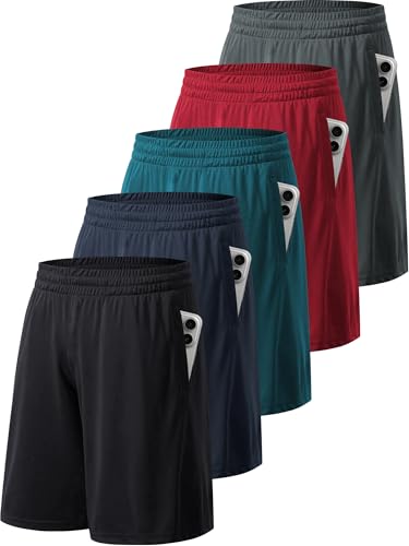 miijoory 5 Pack Gym Shorts Men with Pockets, Mens Sports Quick Dry Breathable Shorts for Running Training Activewear(3XL,Black, Dark Grey, Navy, Red, Dark Green)