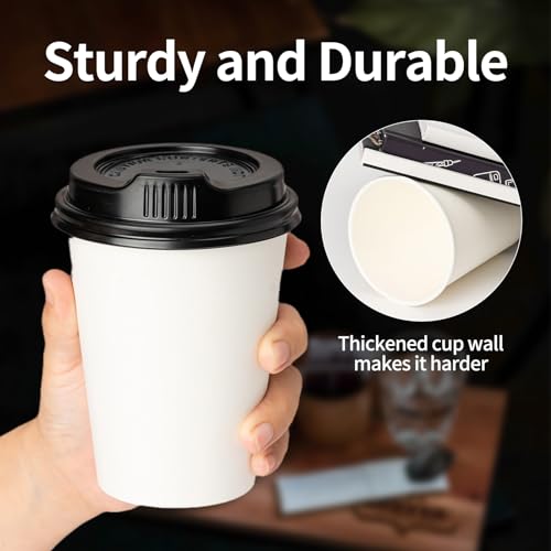 YEEHAW Coffee Cups with Lids 12 oz 100 pack, White Disposable Paper Cups, To Go Hot Cups for Coffee, Hot Liquid, Chocolate, Juice, Tea, Ideal for Cafes, Bistros