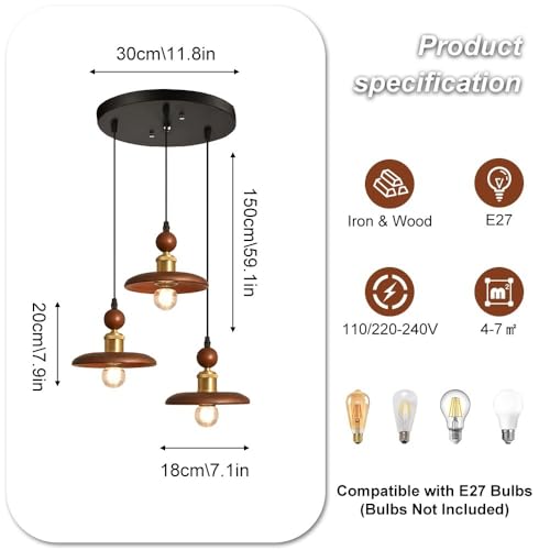 Lustre en noyer 3 têtes avec suspension en bois et métal noir pour E27