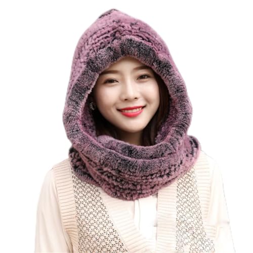 Women Knitted Fur Hat Hooded Fur Scarf Winter Hats for Woman Cap Warm Fur Hat with Neck Scarves