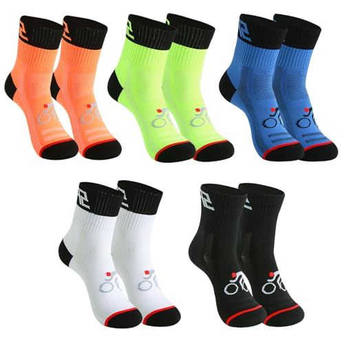 Gkhlg 5 Pairs Mens Sports Socks Moisture Wicking Anti Odor Cycling Socks for Athletes Running Hiking Cycling Multi-Purpose Use Soft Top Socks for Men UK sizes 7-12 (5 Black+White+Green+Orange+Blue)