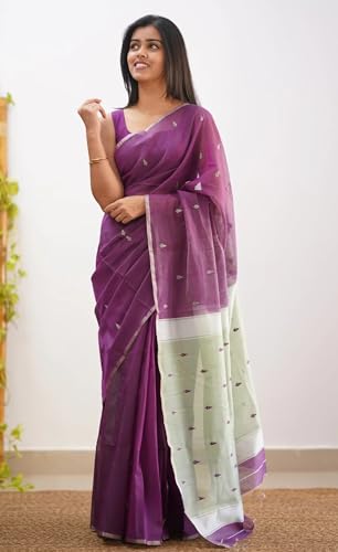 Image of Women's Cotton Woven Soft Sarees With Attach Blouse Piece.