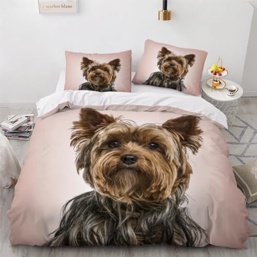 HOFFTI Bettwäsche 135x200 Kinder Yorkshire-Terrier Bettwäsche-Sets 3 Teilig Weiche Mikrofaser 3D Druck Kawaii-Welpe Bettbezüge 135x200 cm Mit Reißverschluss Et 2 Kissenbezüge 80x80,Bettwaren