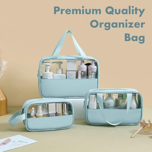 Image of KBS Toiletry Kit Cosmetic Makeup Storage Organizer Clear Styilish Wash Bag Pouch Set of 3 for Travel Luggage Transparent with Metal Zipper Gift for Men Women Girls (Blue)