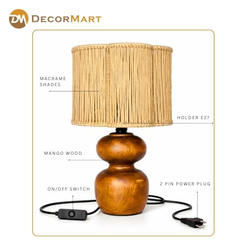 Image of The Decor Mart Jute Shade Table Lamp with Wooden Base|Sleek Decor Decorative Beside Light for Desk,Bedroom, Living Room, Home Office and Hotel(20x20x30 cm) (Off White)