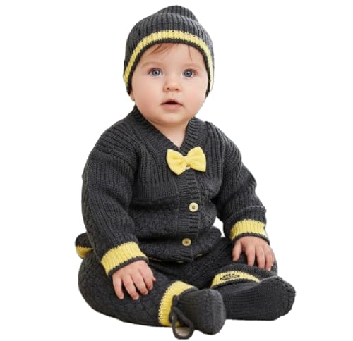 Image of Baby Unisex New Born Baby Boys Girls Soft Comfortable Trendy Woolen Round Neck Stripe Sweater Set with Payjami, Cap and Pair of Booties for Toddlers