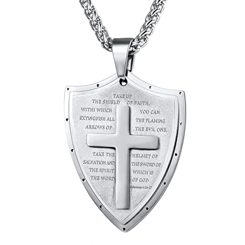 U7 Shield of Faith Pendant Necklace,Stainless Steel Joshua 1:9/Ephesians 6:10 Amulet Necklace for Men Women 5.[Ephesians 6:10]-Silver