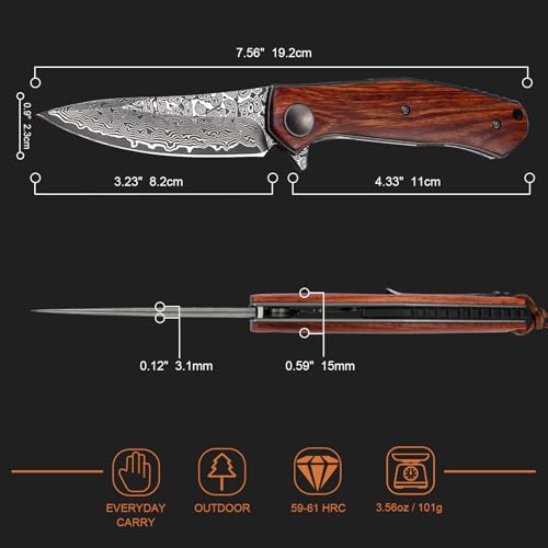 AUBEY Damascus Folding Pocket Knife Handmade with Clip for Men, Damascus Hunting Knife EDC Knife with Liner Lock for Outdoor Survival Camping Collection, Wooden Handle