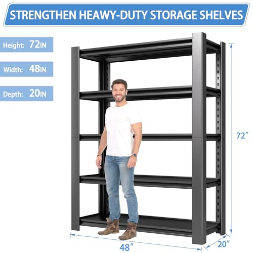 5-Tier Heavy Duty Garage Shelving Unit, 3000 LBS Capacity Metal Storage Rack 72" H x 48" W x 20" D, Adjustable Steel Shelves for Garage, Warehouse, Basement, Pantry, Workshop.2 Pack