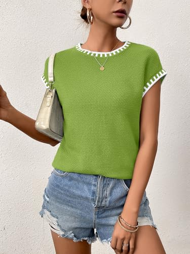 Image of Cap Sleeve Sweater Tops for Women 2026 Knit Summer Sleeveless Tank Vest | Slim Fit, Trendy Color Block, Soft, Skin-Friendly, Strechy, Lightweight, Breathable, Casual Daily Wear