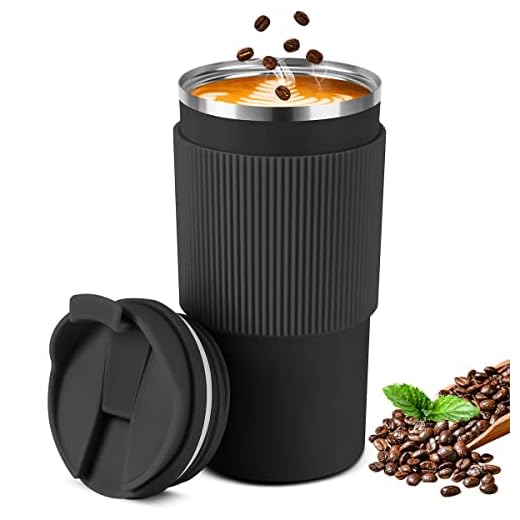 minghaoyuan Vaso Termo Cafe para Llevar, 450 ml Taza de Viaje Termica de Acero Inoxidable, Sin BPA, Taza de café y Té a Prueba de Fugas, Regalos para Mujer Hombre (Negro)