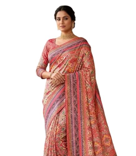 Image of Women's Chinon Silk Saree with Printed Design, Mirror Work & Zari Woven Detailing | Ethnic Wear Saree with Unstitched Blouse Piece | Traditional Festive & WeddingWear