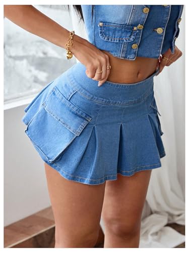 Women's Pleated Denim Skirt Ruffle Mini Skirt with Pockets3