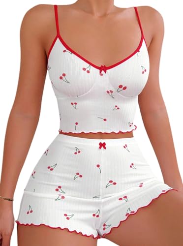 Hilinker Womens Graphic Print Ribbed PJ Set Crop Cami Tops and Shorts Cute Pajamas Set
