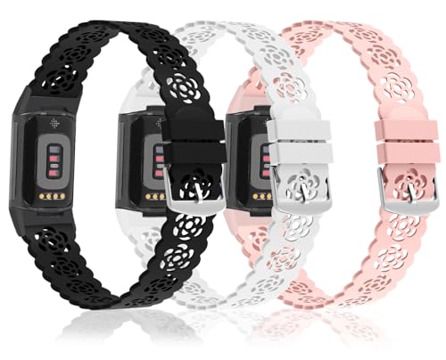 3-Pack Sport Bands Compatible with Fitbit Charge 5 for Women, Lace Silicone Slim Narrow Thin Rose Hollowed-out Replacement Strap Wristband(Black/White/Sand Pink)