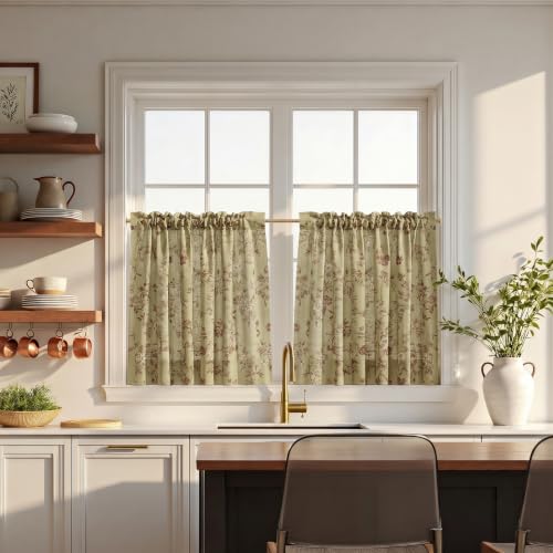 Image of TWOPAGES Rod Pocket Floral Print Cafe Curtains, Scarlett, 42W x 36L