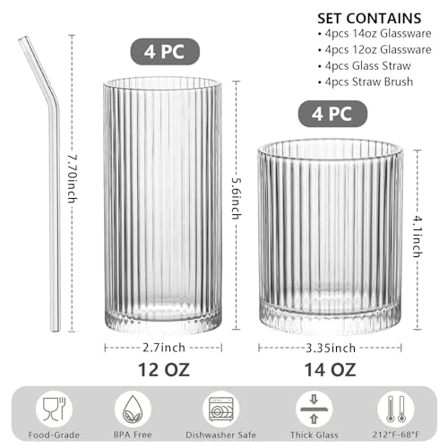 Insetlan GLASS CUP S 14 Oz, Ribbed Glassware Cocktail Glasses, Ideal For Wine, Juice, Water, Ice Coffee Cup, Whiskey, Mixed Drinkware thumb #1