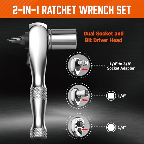 Image of HORUSDY 1 /4-Inch Stubby Ratchet Wrench Set, Chrome Alloy 90-Tooth Reversible 1 /4 inch Drive Handle with Magnetic Bit Driver & 1 /4 inch to 3 /8 inch Adapter, Compact Socket Wrench for Tight Spaces, Auto, DIY