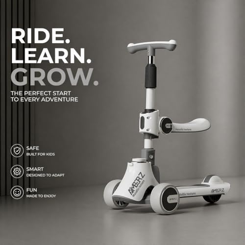 Image of Multi-Functional 2 in 1 Kids Kick Scooter with Foldable Seat | Adjustable Handlebar | PU LED Flashing 3 Wheels | for Boys & Girls Age 3-14 Years. (KS-110 Grey)