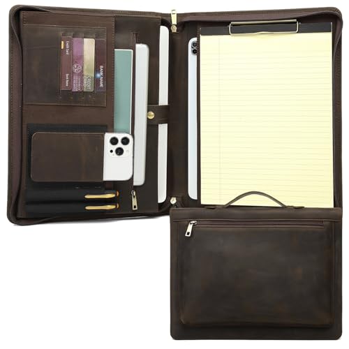 Geslun Genuine Leather Portfolio with Hidden Handle, Clipboard Folder, Front Pocket, 8.5 x 11 Legal Pad Notebook Holder, Professional Executive Interview Zip Laptop Padfolio for Women Men, Dark Khaki