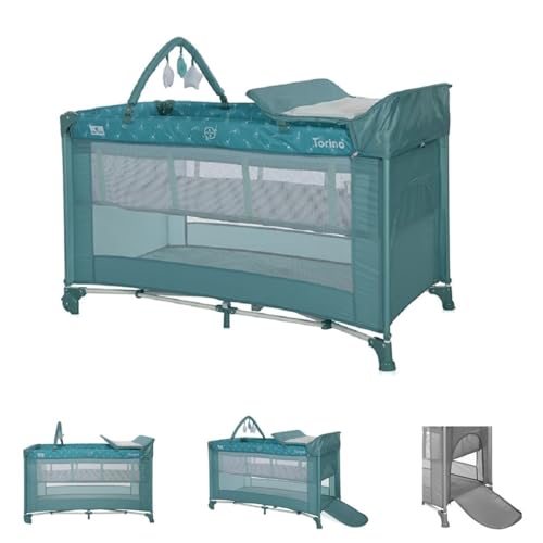 Lorelli Reisebett Torino plus 2 Ebenen Wickelauflage Spielbogen Räder faltbar grün