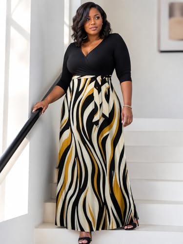 Image of Women's V Neck Floral Maxi Dress 3 /4 Sleeve Plus Size Boho Wrap Flowy Long Dresses with Belt