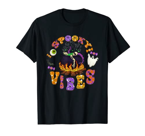Spooky Vibes Halloween Caldero de brujas fantasma murciélagos disfraz para niños Camiseta