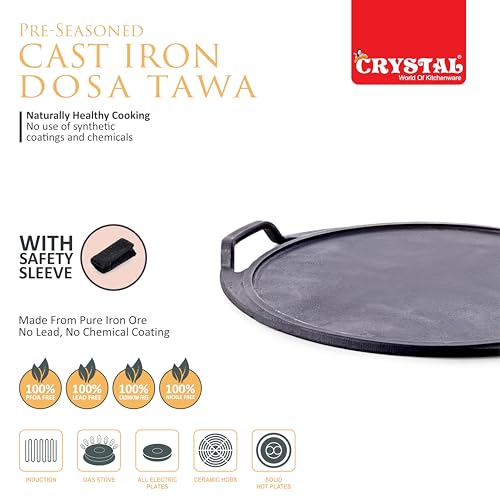 Image of Crystal Pre-Seasoned Cast Dosa Tawa with 2 Handles 300 Mm | Free Handle Cover | 100% Toxin Free | Naturally Non Stick | Long Lasting | Induction & Gas Stove Compatible